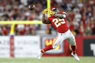 Clyde Edwards-Helaire drops a pass against the Tampa Bay Buccaneers